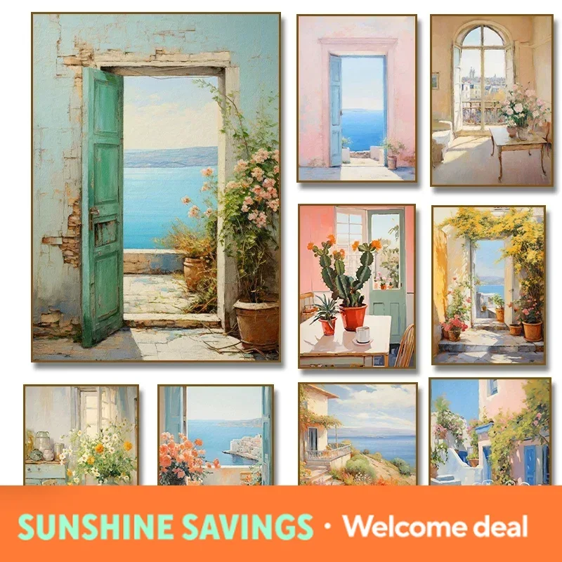 Minimalist Canvas Posters Italian Cottage Greece Doorway Flower Coastal Cat Cactus Fashion Modern Home Living Room Wall Decor