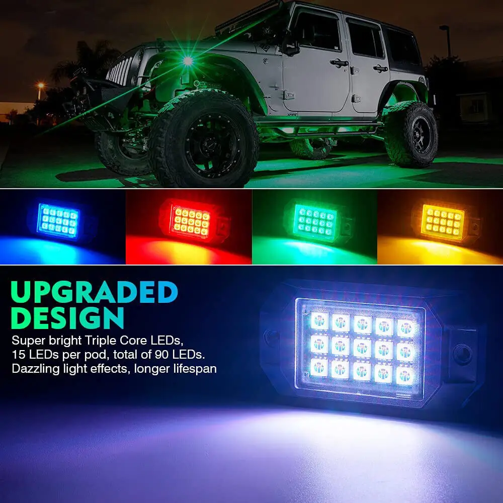 4-12Pods RGB LED Rock Light Kit Bluetooth APP Remote Control Underbody Glow Neon Music Light Atmosphere Lamp for Offroad SUV 4x4