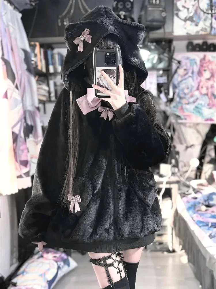 Kawaii آذان مقنعين سترة فضفاضة خمر جيب لطيف القوس معاطف Y2k الجمالية الجرونج المرأة سترات جمالية غير رسمية اليابانية