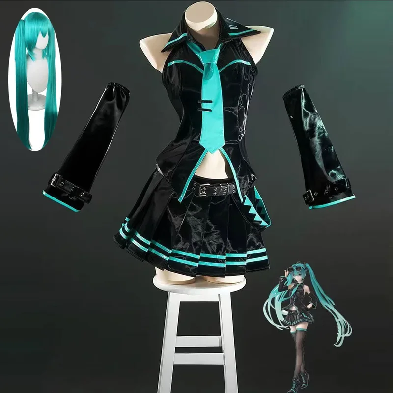 Originele VOCALOID Miku Stylist 16e Cosplay Kostuum Pruik Anime Zwarte Lak Formule Uniform Halloween Carnaval Nacht Feestjurk