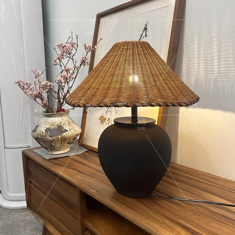 Rattan E27 Led Table Lamps Pottery Jar Decorative Table Lamp for Living Room Light Bedroom Bedside Lights Ambient Lighting