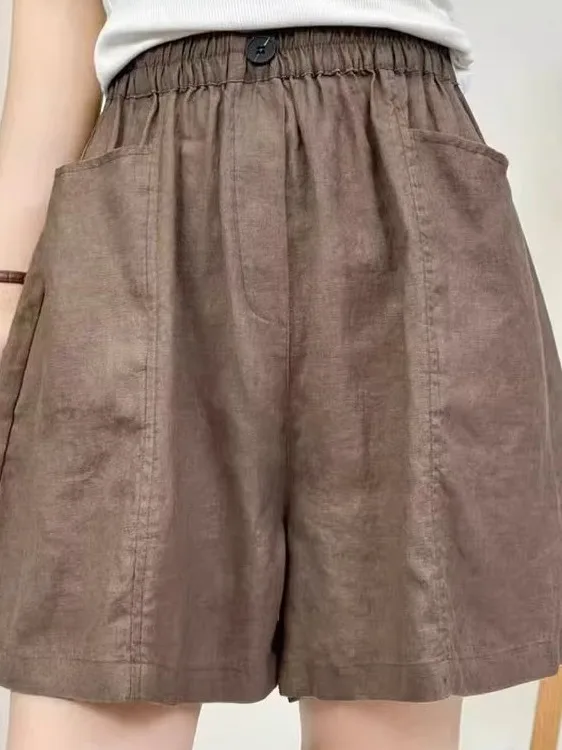 Reine Farbe Leinen orts frauen Sommer Lose Abnehmen Elastische Taille A-Line Casual Breite Bein Fünf-Viertel Hosen