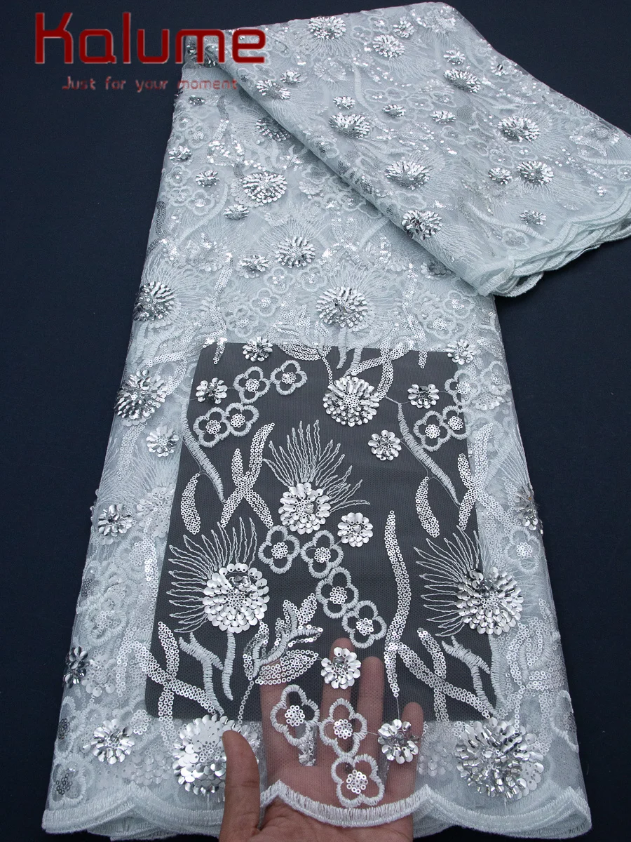 

Kalume White Sequined Mesh Tulle Lace Fabric High Quality 5 Yards Embroidered Milk Silk African Lace Fabric Luxury for Women Sew