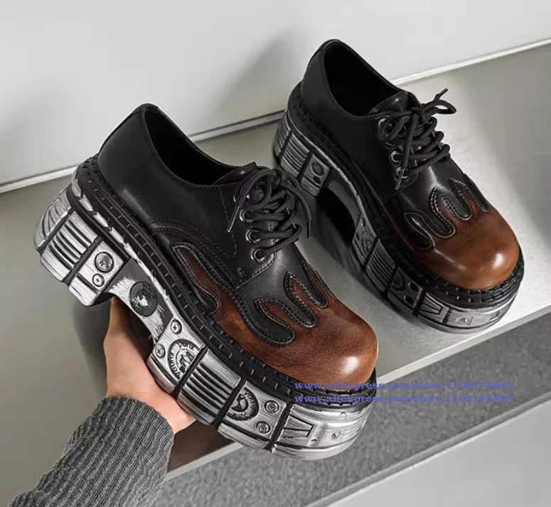 

Flame-Shaped Derby Shoes Thick-Soled Height-Increasing Black/brown Mixed Color Casual Shoes Punk Style Trendy Men's Shoes