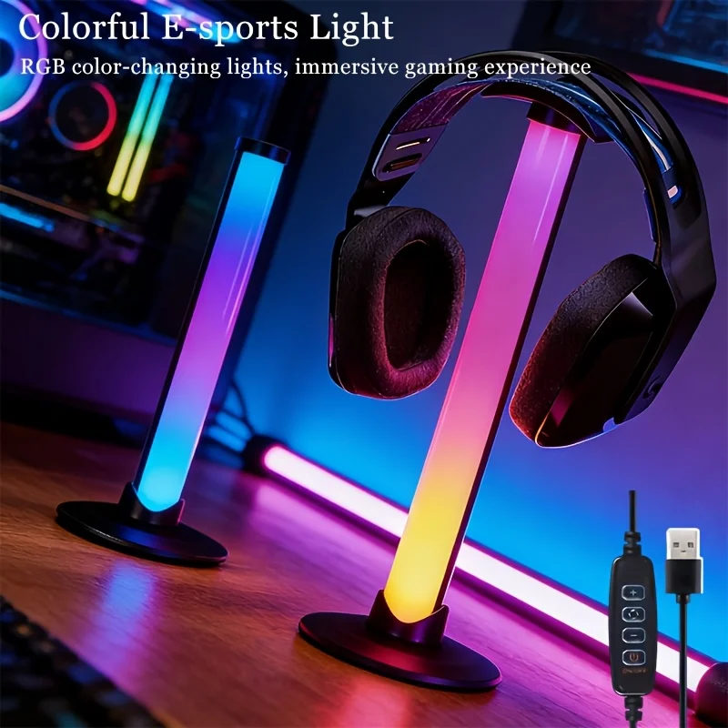 2-Piece RGB USB light with headphone holder, adjustable brightness with push button control. This is a color-changing lighting