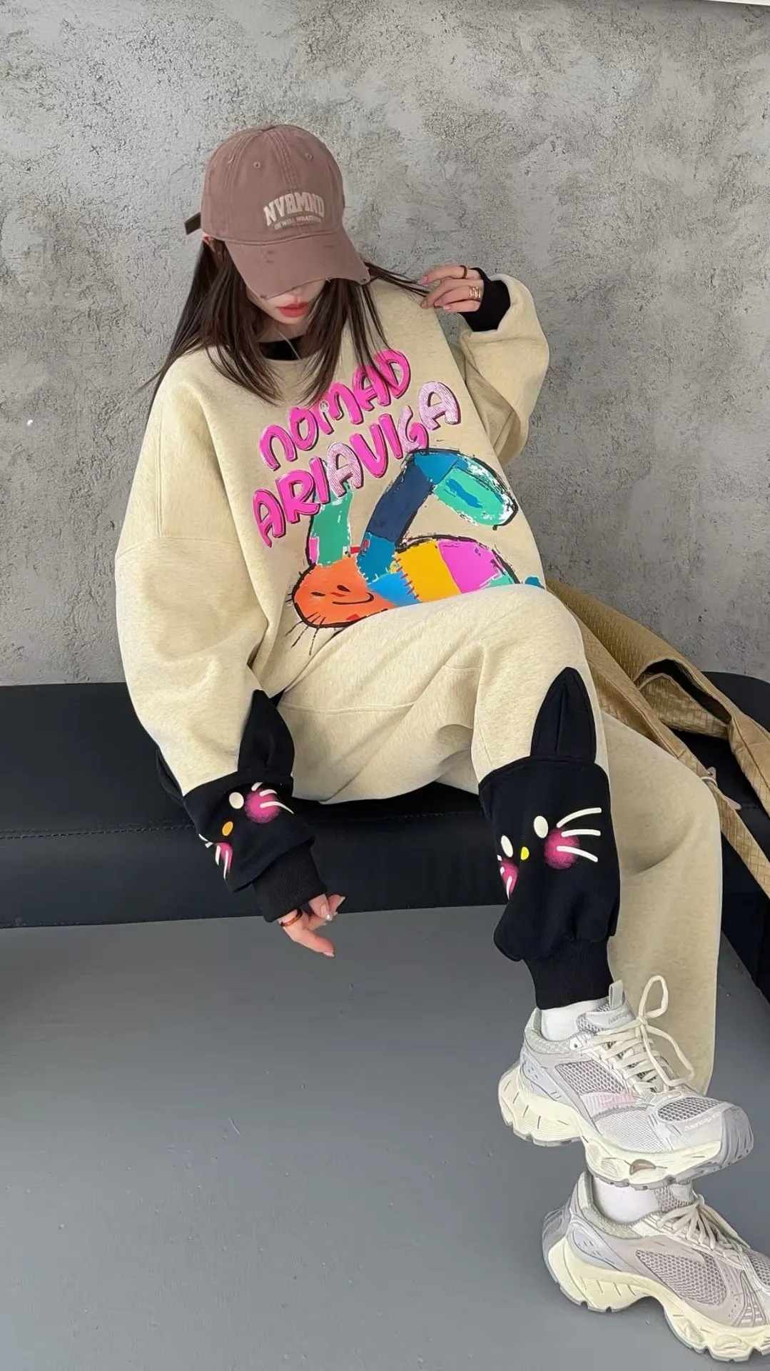 2026 Spring Multicolor Rabbit Letter Print Oversized Pant Sets 2 Piece Woman Japanese Korean Fashion Casual Pullove Sweatshirts
