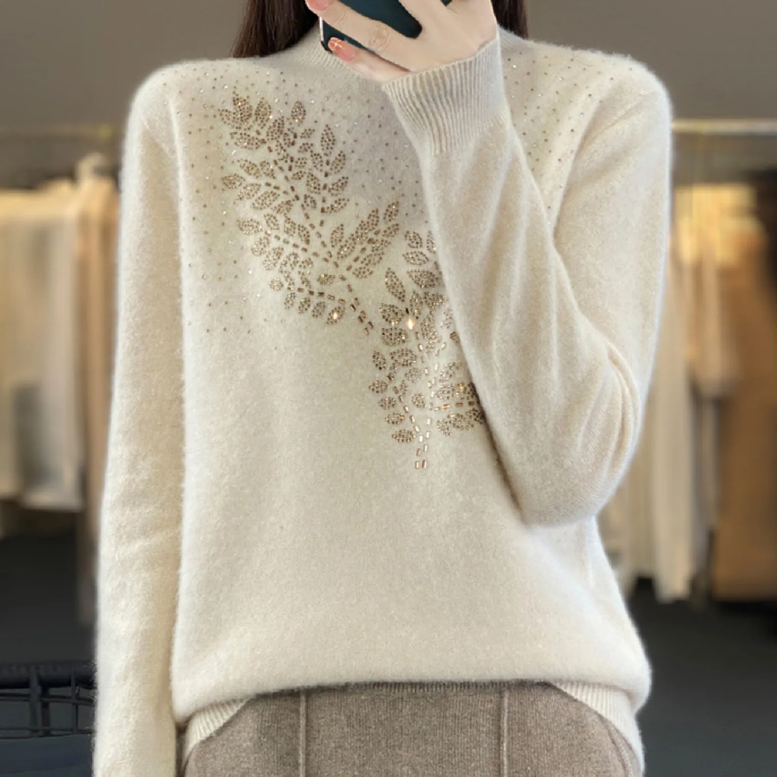 Nuovo maglione stile Semi-dolcevita con diamanti caldi da donna girocollo manica lunga camicia Base dimagrante Pullover elegante e confortevole