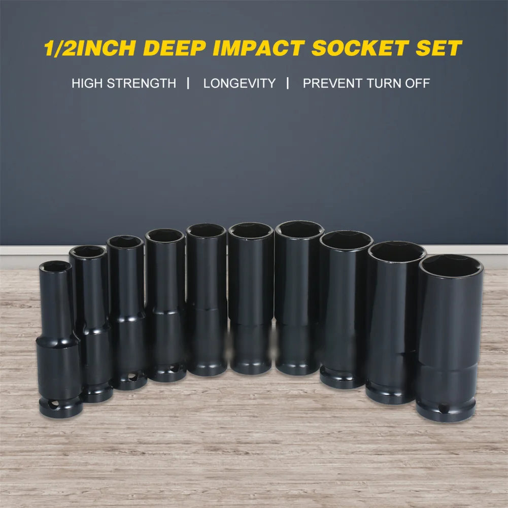 10pcs 1/2-Inch Drive Deep Impact Socket Set CR-V 8mm-24mm 6 Point Metric Socket Kit With Storage Case Tools For Tire Removing