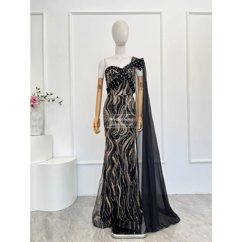 Dress with Floral Shoulder for Party 2025 New Black Beaded Deep V-Neck Mermaid Evening