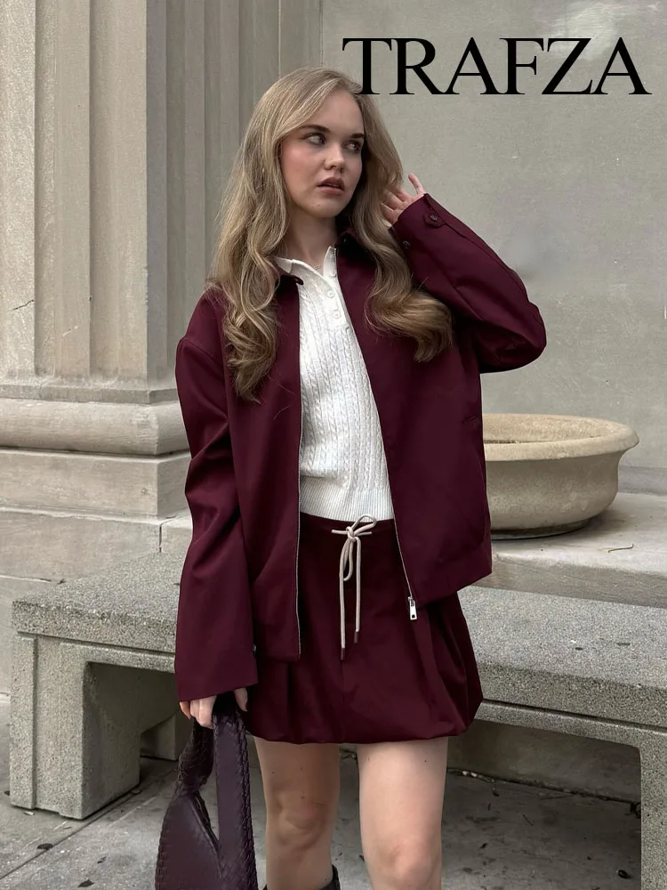 TRAFZA Female Sets Wine Red Turn-Down Collar Long Sleeves Zipper Jackets+High Waist Pockets Lace-Up Skirt Women Fashion Suits