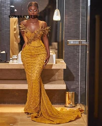 Amazing Gold Aso Ebi African Evening Dresses Ruched Off The Shoulder Mermaid Formal Party Gowns Luxury Women 2025 Customized