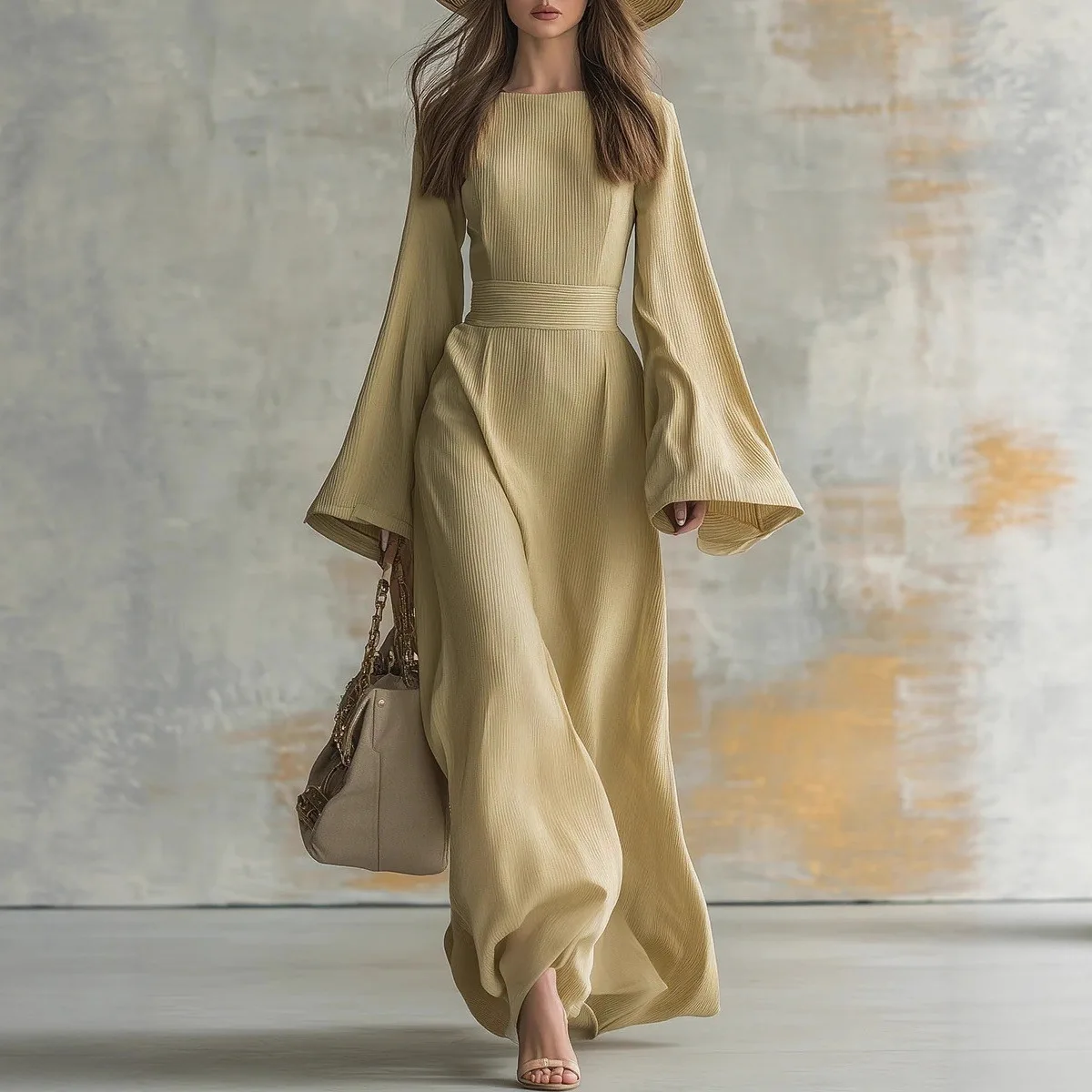 

Woman West Cowboy Style Long Dress 2025 Women Long Sleeves High Waist O Neck Maxi Dresses New Holiday Simple Lady Dress Vestidos