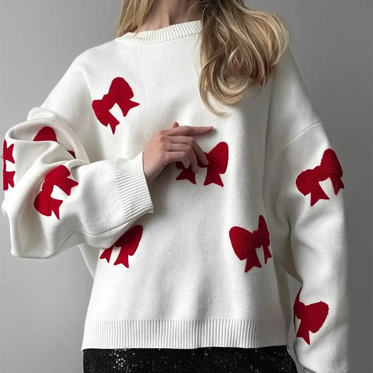 

Round Necked Love Bow Embroidered Sweater for Women's Autumn and Winter White Lazy Style Thickened Loose Knit Casual Fashion