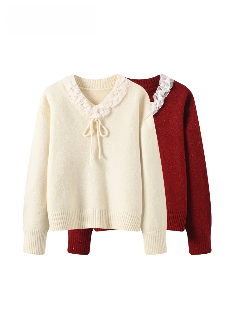 

Красный свитер с V-образным вырезом для женщин больших размеров, модный французский стиль, весна-осень-зима, повседневный, удобный, из полиэстера, длинный топ