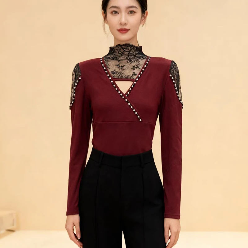 2026,European,Clothes,Cotton,T-Shirt,Fashion,Sexy,V-Neck,Patchwork,Lace,Mock Neck,Women,Tops,Long Sleeve,All Match,Tees,511009