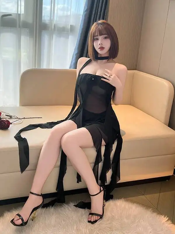 Camisón Sexy con cuello Halter y cinta de malla, negro, rojo, blanco, Multicolor, transparente, ajustado, ropa de casa para mujer, vestido transparente con encanto TQYP