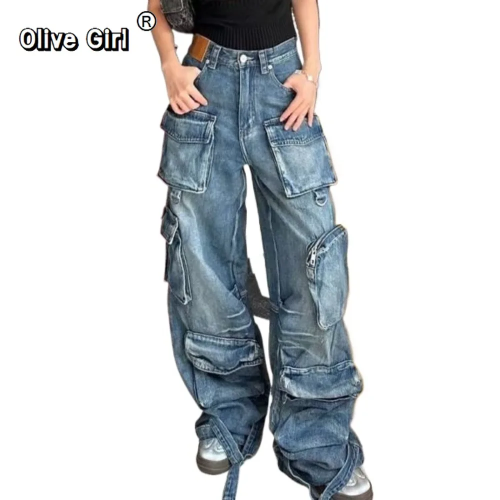Olivegirl Autumn American Washed Multi-Pocket Workwear Denim Jeans Men's Women's Pants Retro Distressed Wide-Leg Pants Clothing