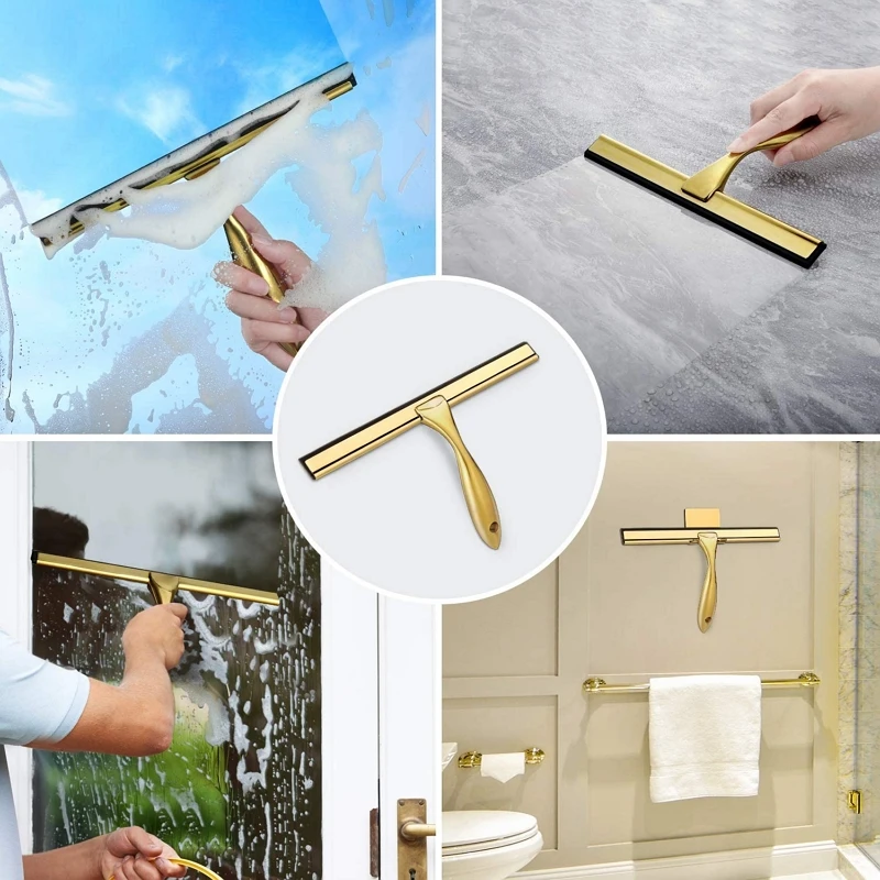 Gold Stainless Steel Shower Squeegee Window Glass Wiper Silicone Scraper Cleaner Brush Self Adhesive Hook for Kitchen Car Mirror