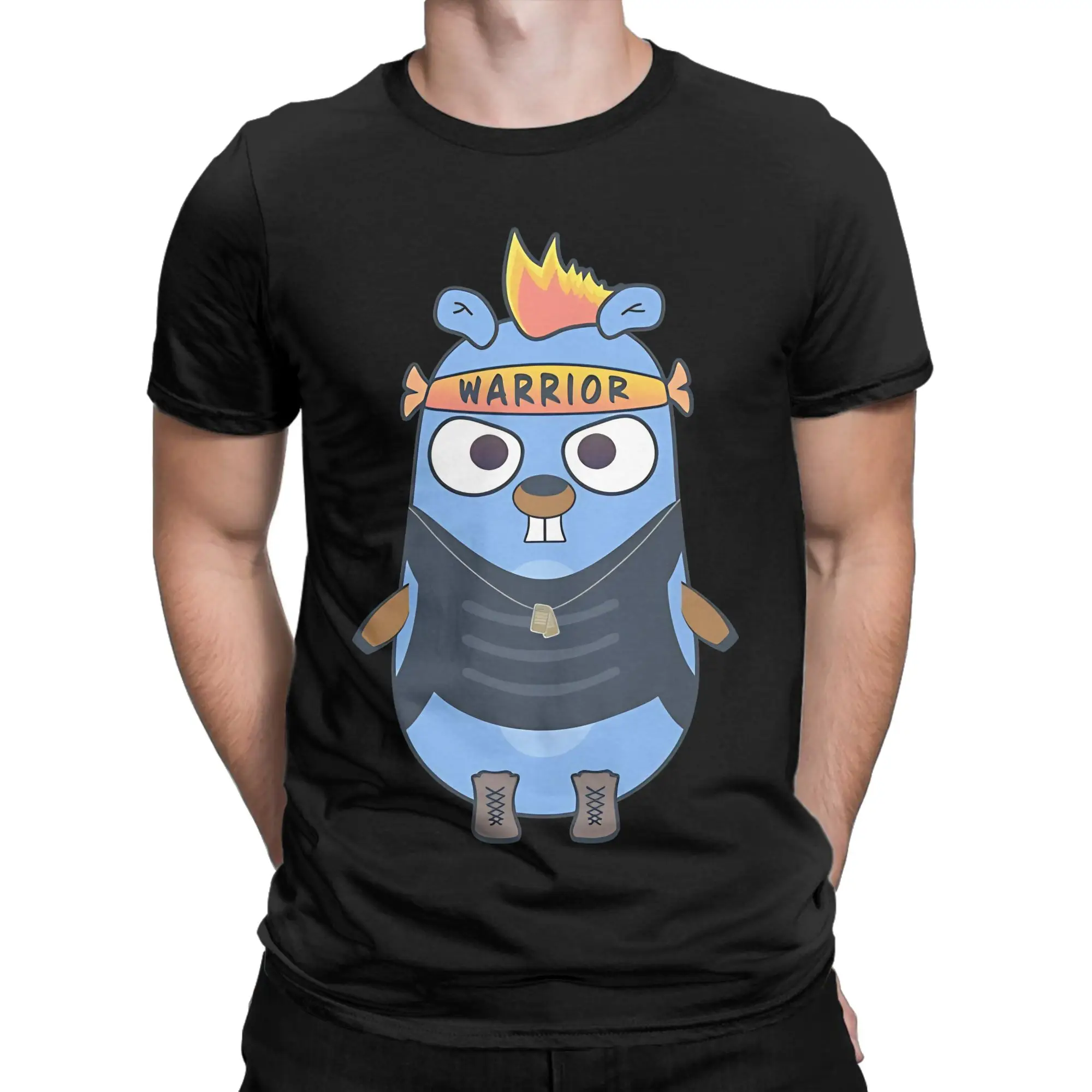 Golang gopher warrior style Funny Graphic 100% Cotton T-Shirt gopher Tees Tops For Men