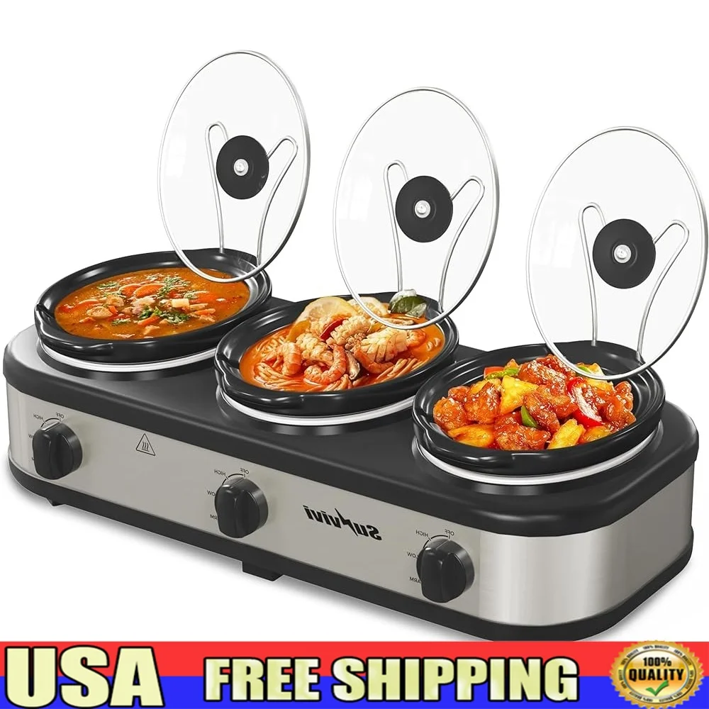 

Triple Slow Cooker Buffet Server Food Warmer with 3 Adjustable Temperatures and 3 Glass Lids Parties Holidays Cooking