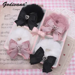 Handmade Mine Sweet Cute Bow Heart Shape Rhinestone Furry Hair Ring Hair Accessories Lolita Headdress for Women Hair Ties