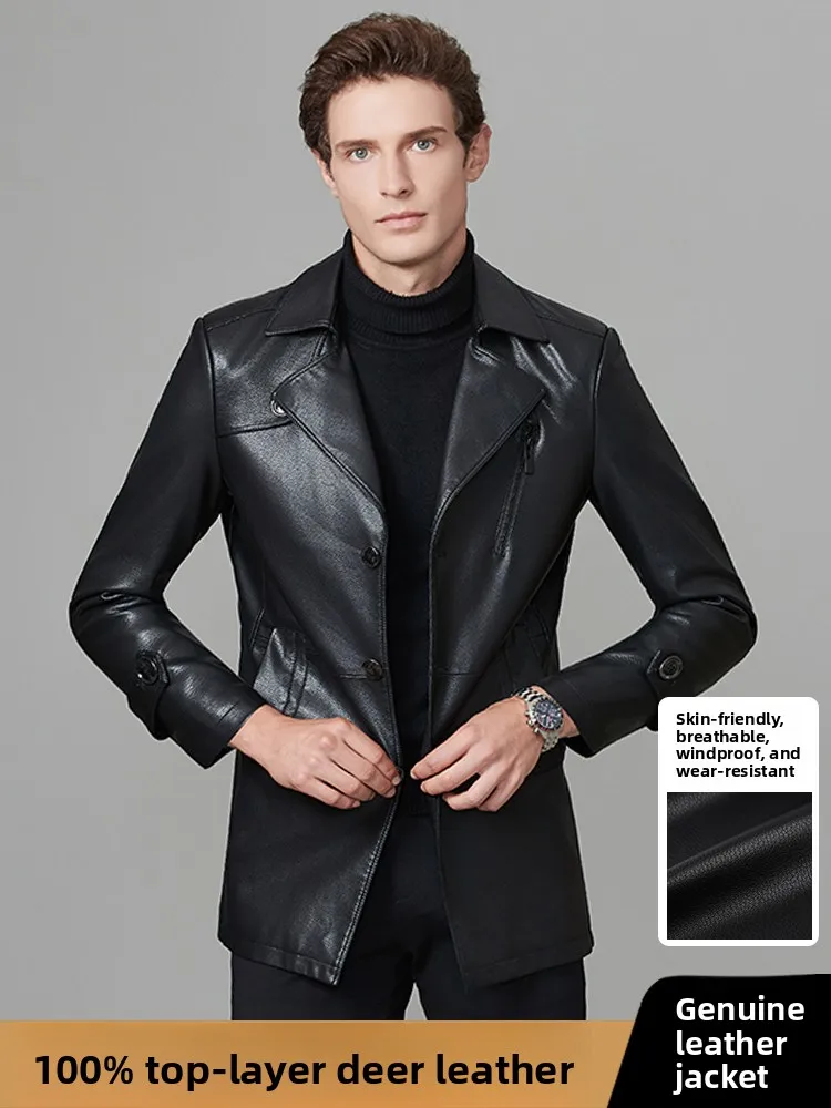 

Мужское осенне-зимнее кожаное пальто из оленьей кожи с воротником-стойкой на одной пуговице, повседневное, средней длины, прямого кроя, в деловом стиле