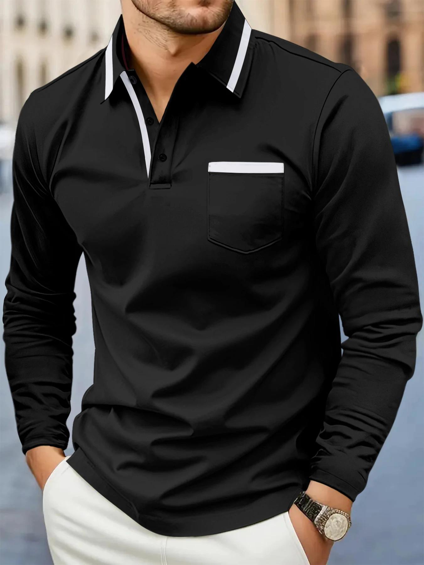 Spring and fall best-selling fashion golf men's lapel pocket comfortable casual sports solid color long sleeve breathable top image 5