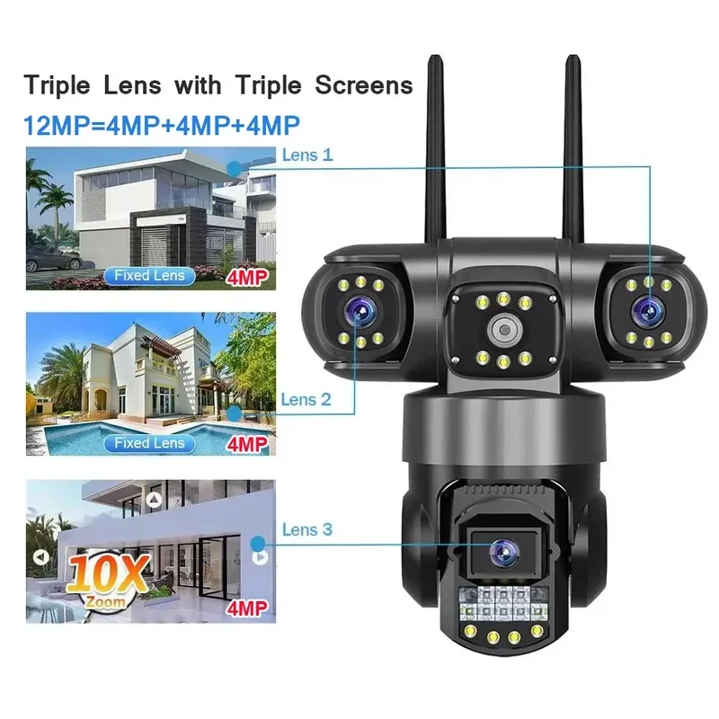 V380 Pro Wifi Security Cameras 12MP Outdoor CCTV Camera wifi CCTV Triple Lens 3 Screen Color Night Vision WiFi Smart home camera