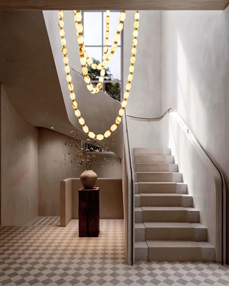 2026 Trendy Natural Marble Straps Dimming LED Chandelier Alabaster Pendant Light Lustres Hanging Lamps For Staircase Living Room