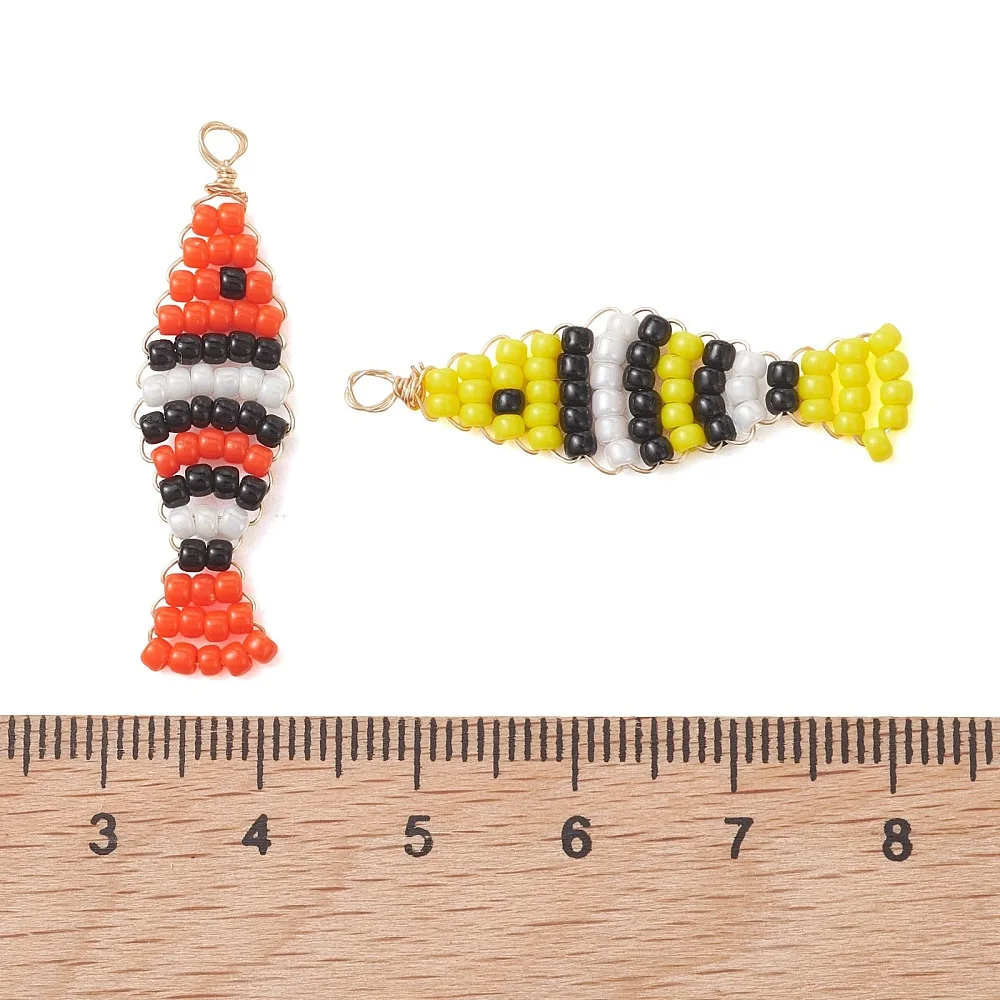 20pcs Multicolor Handmade Beaded Fish Charms Copper Wired Seed Bead Stripe Fish Pendants for Jewelry Necklace Making