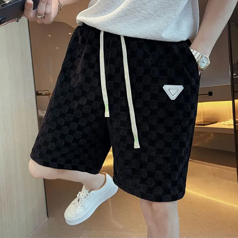 Daily Fashion Plaid Straight Casual Shorts Men\'s Solid Color Loose All-match 2024 Summer Elastic Drawstring Patch Designs Pants