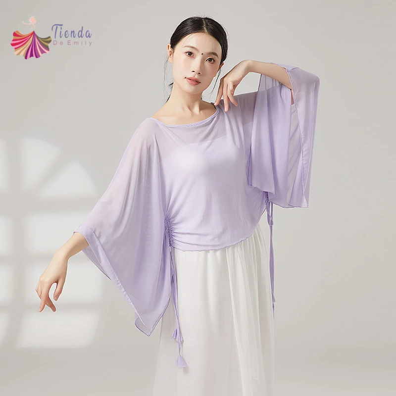 Classical Dance Top Women Large Batwing Short Sleeves Smock Drawstring Blouse Chinese Stage Saree Clothes Performance Costumes