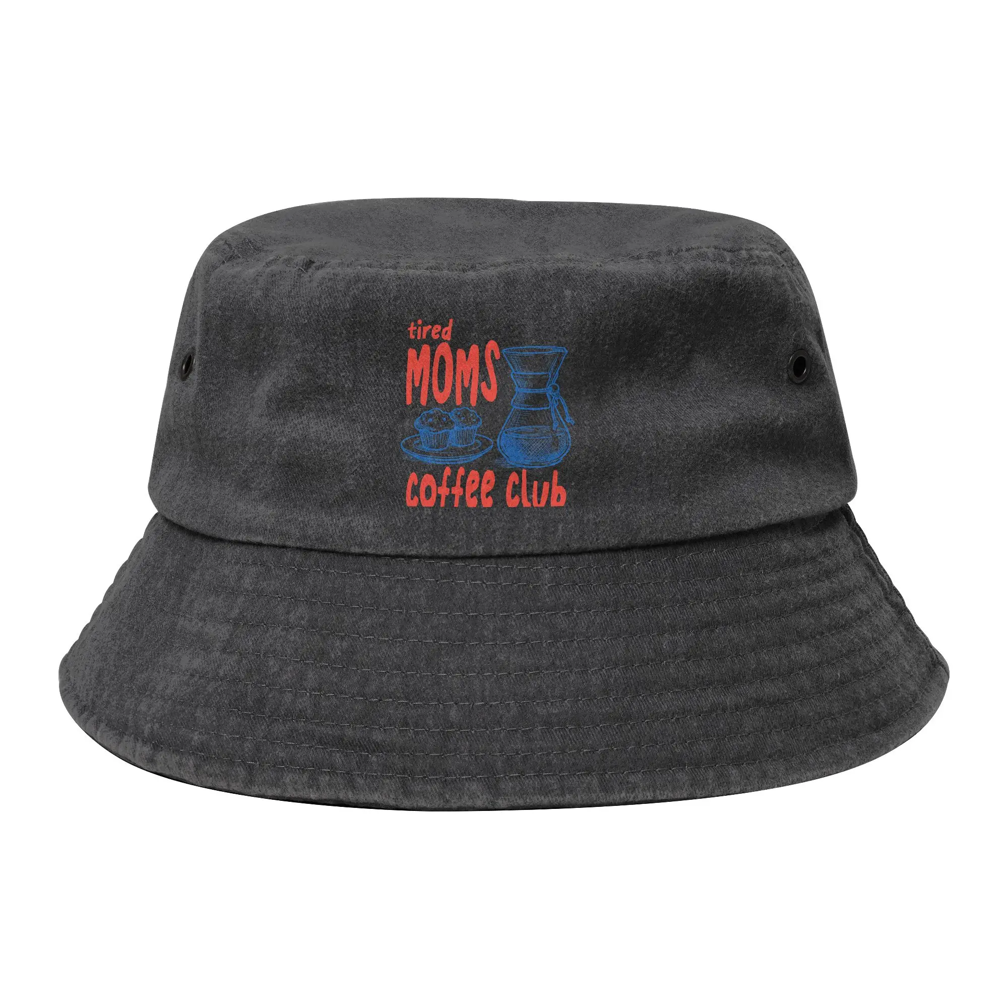 Retro Tired Mom Coffee Club Bucket Hat for Men Women Beach Distressed Denim Sun Hat Street for Outdoor Fishing Fisherman Caps