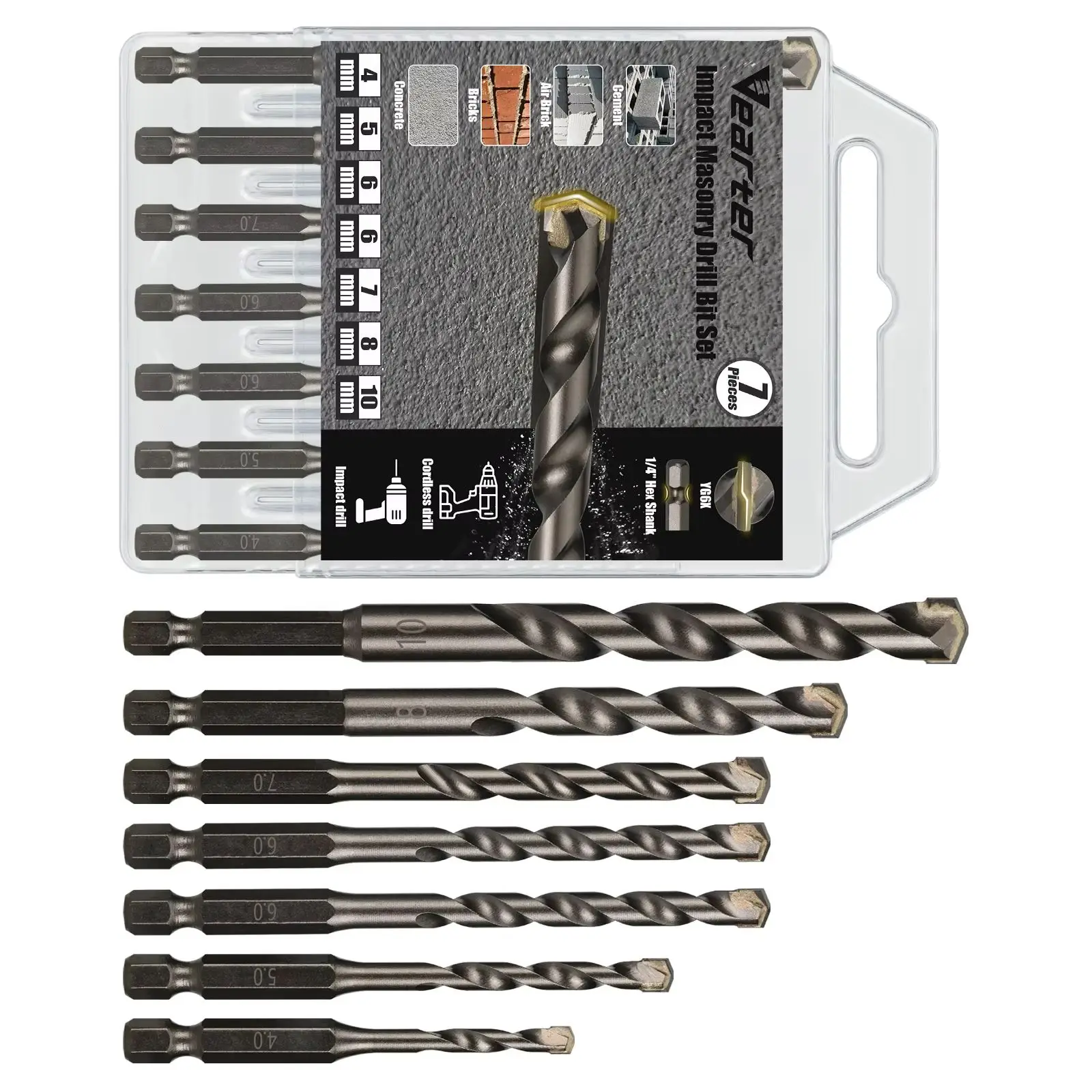 

Vearter 7PCS/SET Impact Masonry Drill Bit 4-10mm Hex Shank YG6X Carbide Tip for Concrete Brick Cement Air Brick Wall Drilling