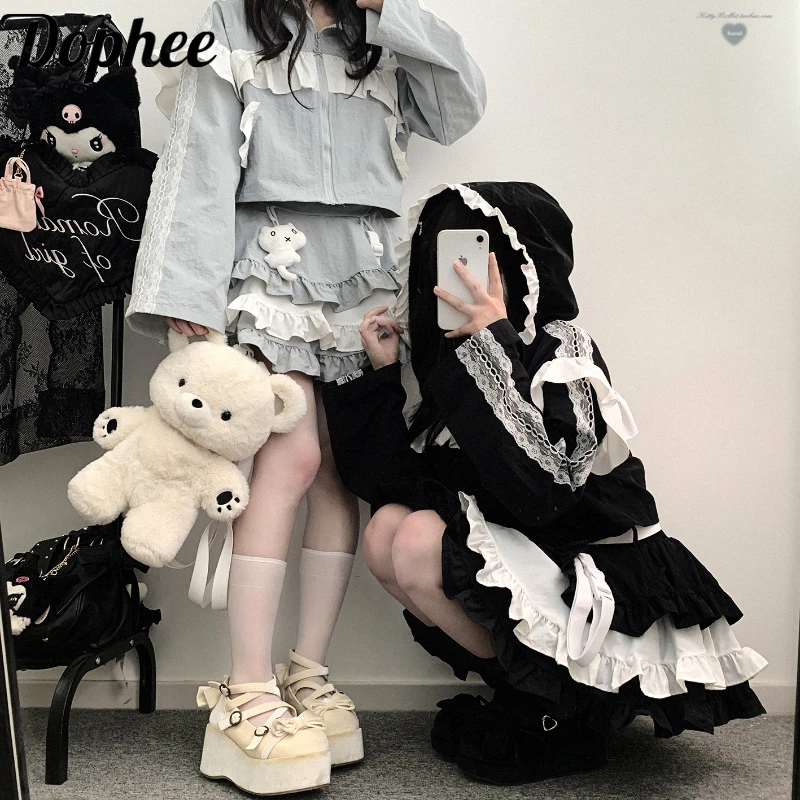 Dophee Original Spice Girls Lolita Sets Elegant Lace Long Sleeve Hooded Cardigans Short Coat All-match High Waist Cake Skirt