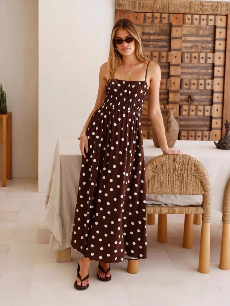 

Dresses For Woman Polka Dots Dress Spaghetti Strap Backless Holiday Vestidos Evening Party Vacation Temperament Simple Style