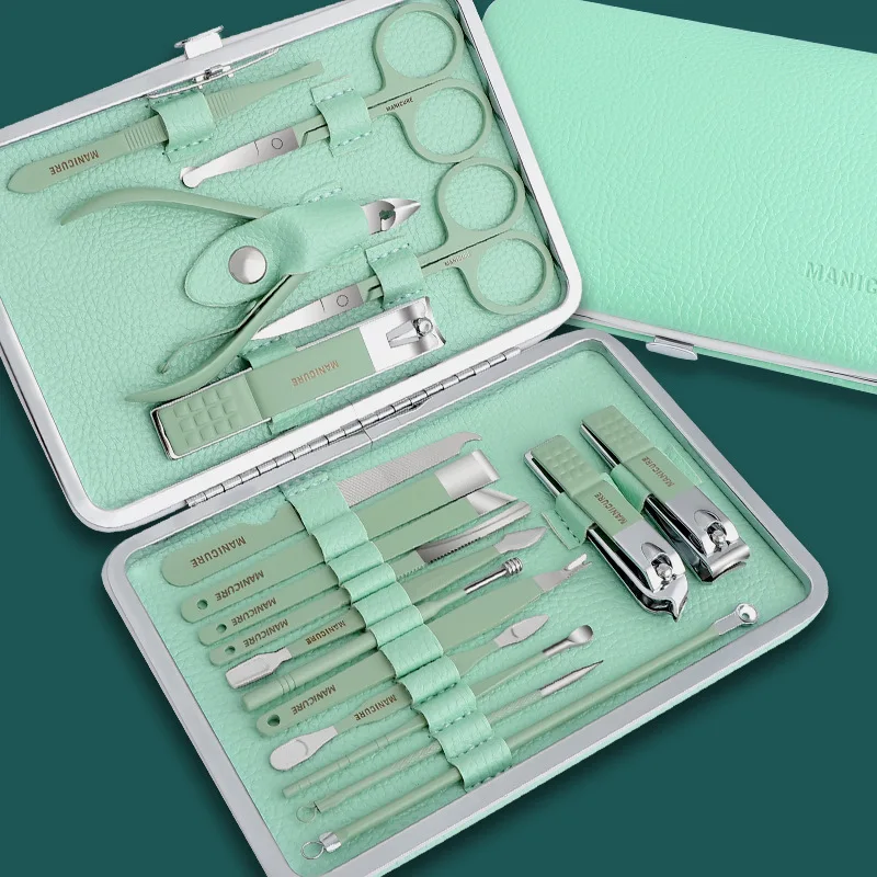 18 sztuk/worek przenośny zestaw do paznokci deluxe zestaw obcinaków do paznokci zielony pilnik do paznokci nożyczki do brwi narzędzi higiena osobistej