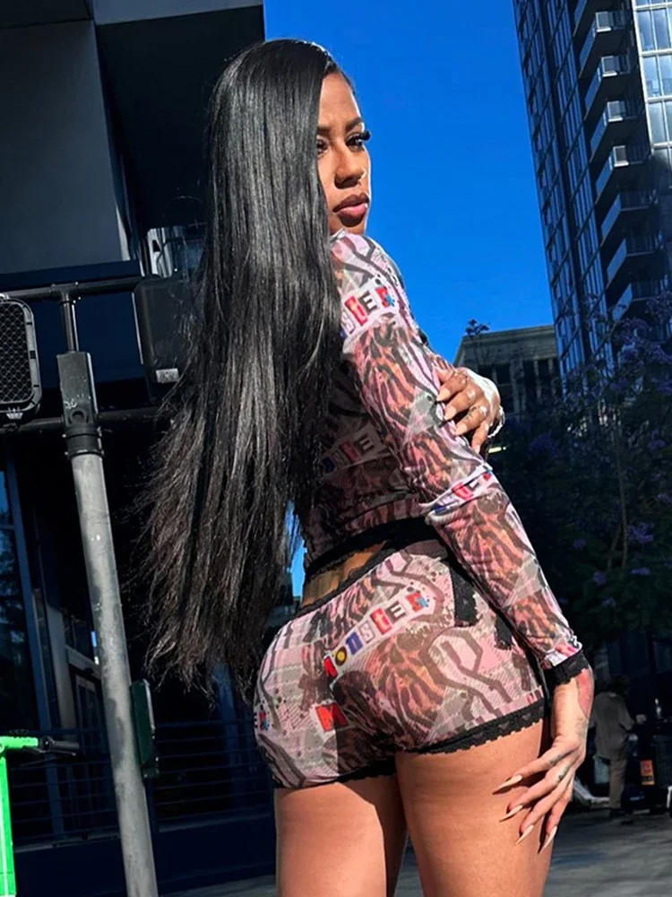 

See Through Women 2 Piece Set Sexy Black-Edged Lace Sexy Full Sleeve Crop Tops+Shorts Matching Club Stretch Outfits