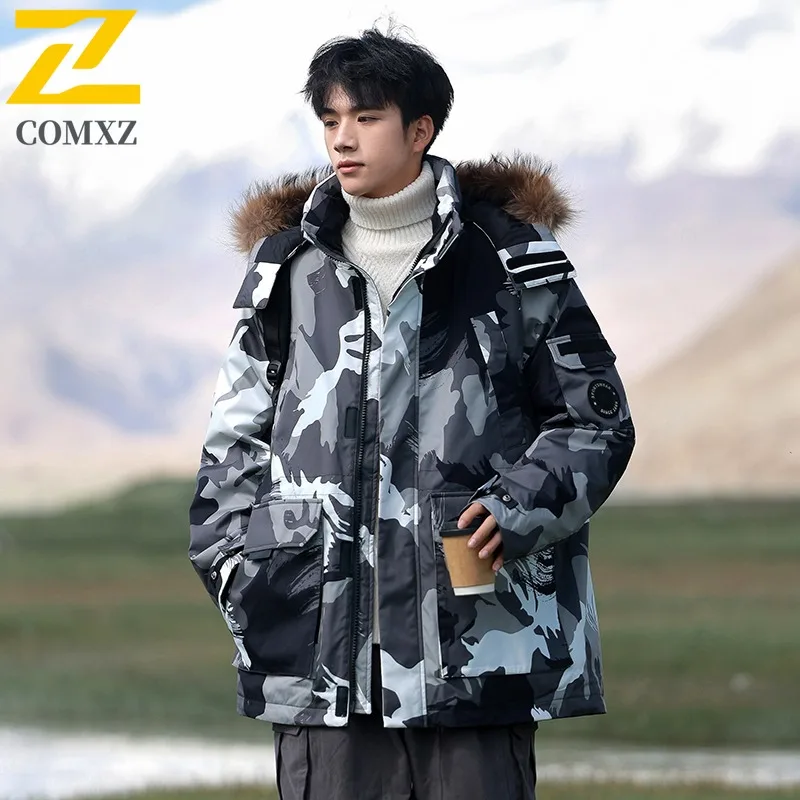 

COMXZ Мужская куртка-пуховик с камуфляжным дизайном, толстая зимняя куртка с капюшоном для катания на лыжах, уличная водонепроницаемая теплая куртка с хлопковой подкладкой в корейском стиле