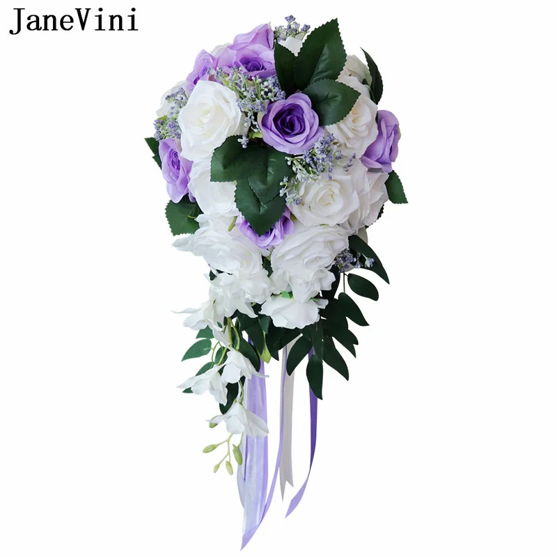 JaneVini White and Purple Cascade Wedding Bouquet Bridal Hand Flowers Artificial Rose Burgundy Pink Waterfall Bride Bouquet 2022