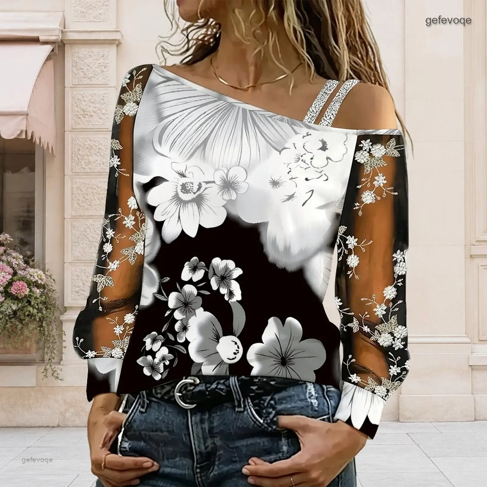 Women Off Shoulder Blouse Asymmetric One Shoulder Top Lace Floral Mesh Long Sleeve Sling Detail Loose Casual T Shirt