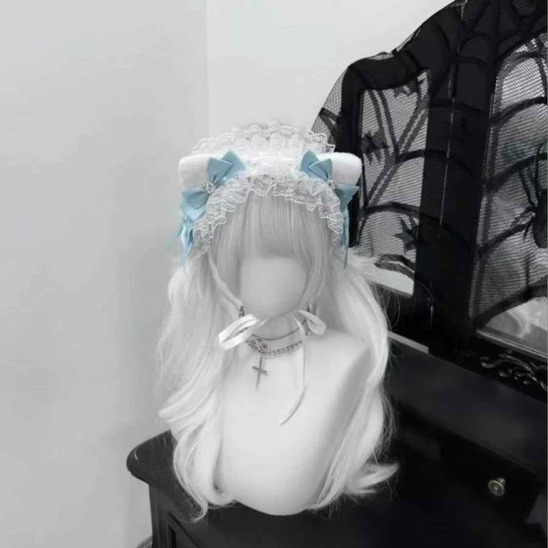 Słodka fajna czarna niebieska koronkowa śliczna Lolita obręcz do włosów opaska z uszami kota KC opaska na głowę pikantna dziewczyna nakrycia głowy z serii Landmine