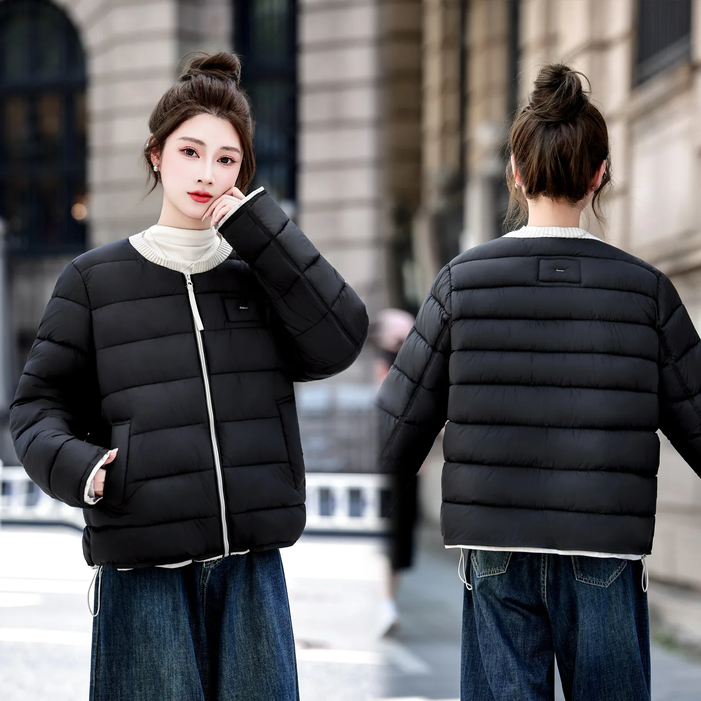 Women's Lightweight down Cotton Jacket Autumn Winter round Neck Long Sleeve V-Neck Inner Lining Short Cotton down Jacket