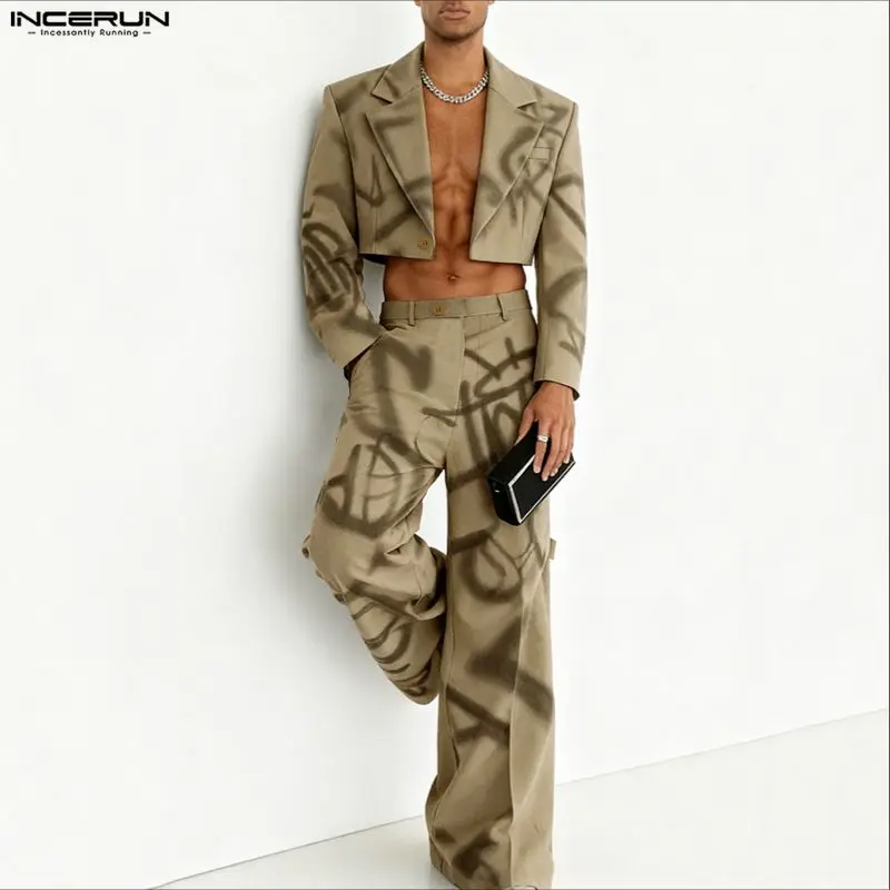 INCERUN Men Sets Printing Lapel Long Sleeve Crop Blazer & Pants Two Pieces Sets Streetwear Personality Fashion Men Casual Suits