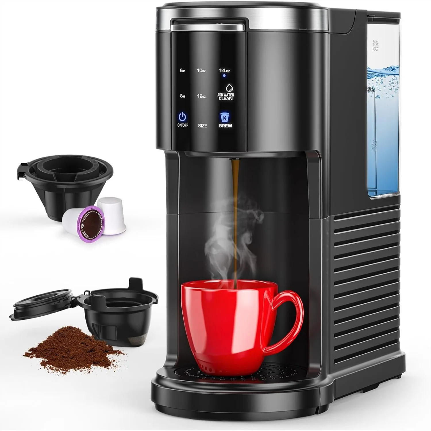 

Commercial Single Serve Coffee Maker, K Cup Brewer for Capsule and Ground Coffee, 40oz Tank, Instant-Heat, 5 Brew Sizes