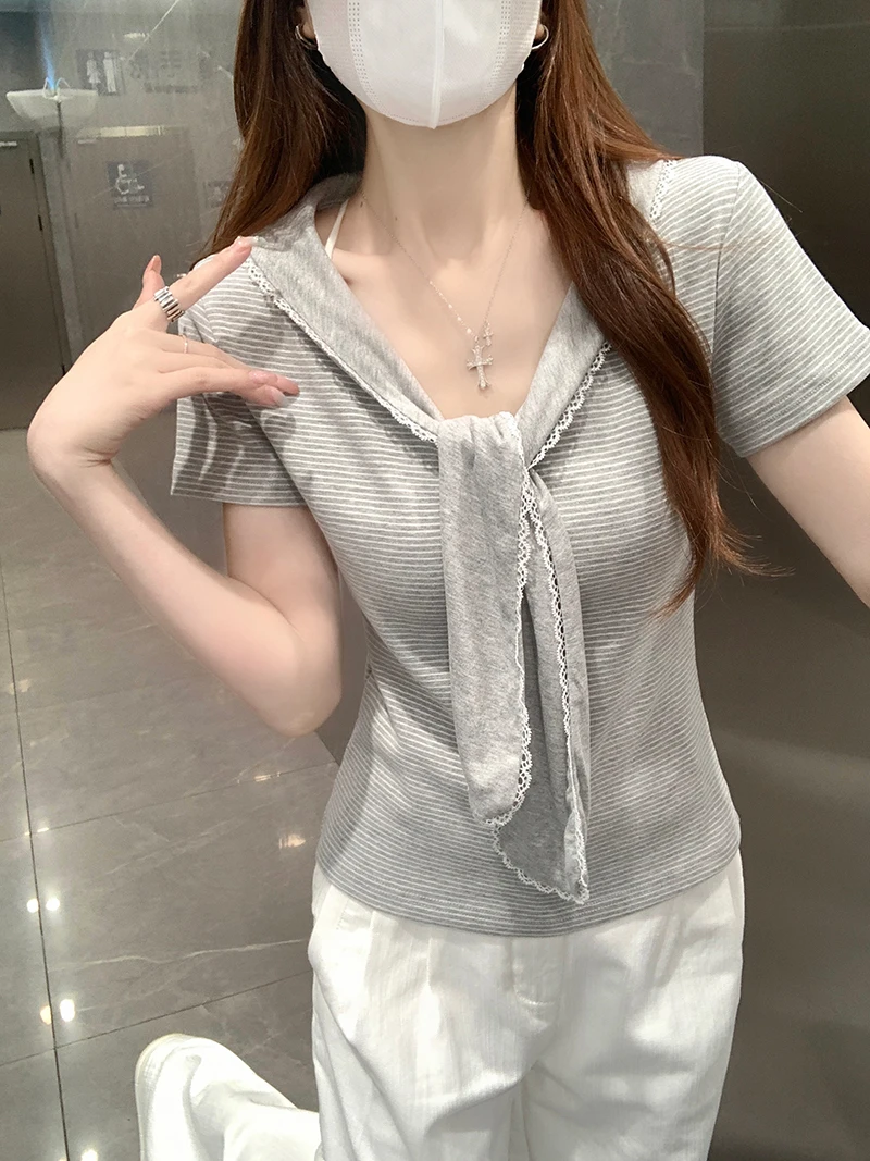 

Kumikumi Grey Striped Short Sleeve T-Shirt Women's Casual Slimming Summer Top Fake Two-Piece Ensemble Versatile High Waist