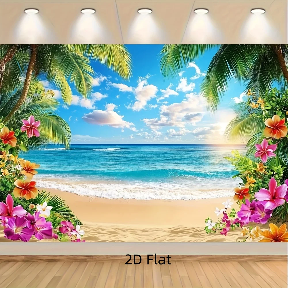 2D Flat Banner 1 Piece Aloha Beach Party Background From Hawaii Vibrant Tropical Beach Scene With Palm Trees And Flowers