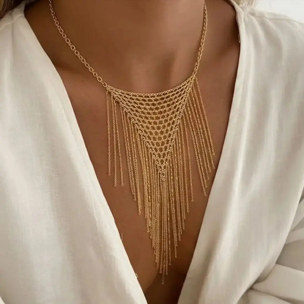 

SHIXIN Luxury Mesh Chain Tassel Necklaces Women Elegant Sexy Gold Color Long Necklace Banquet Wedding Jewelry Neck Accessories