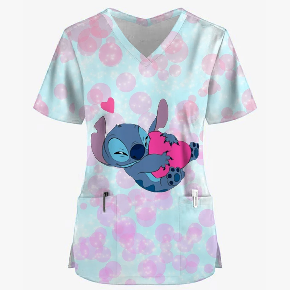 Disney Stitch print Nurse Uniform V-Neck Pocket Medical Uniforms starfish Nursing Scrubs Tops Workear Uniforme enfermera y2k