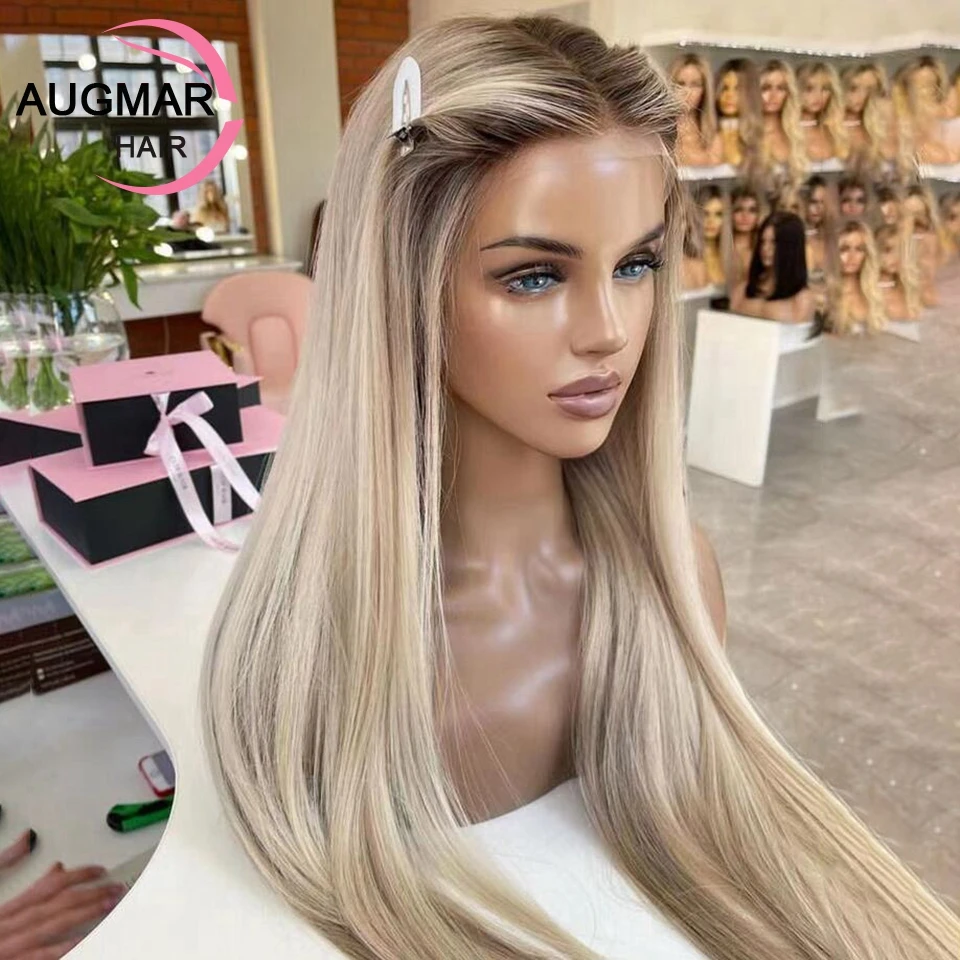 13X6 Hd Lace Frontale Pruik 360 Ash Blonde Highlight Pruik Menselijk Haar Pre Geplukt 13X4 Rechte Kant Voorkant Menselijk Haar Pruiken Voor Vrouwen